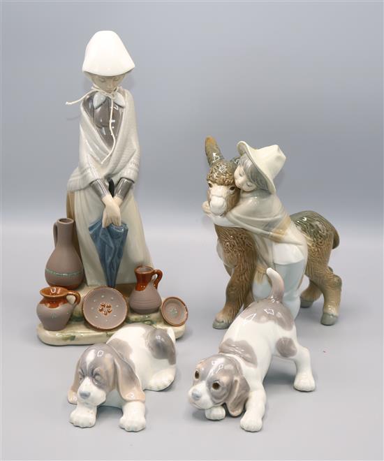 Lladro figure, girl & jugs, 2 dogs & donkey